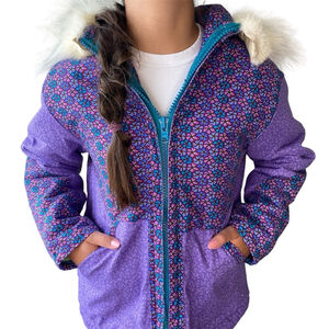 Handmade Inuit Vintage Fur Parka Coat Women Size Medium Purple Printed Fabric